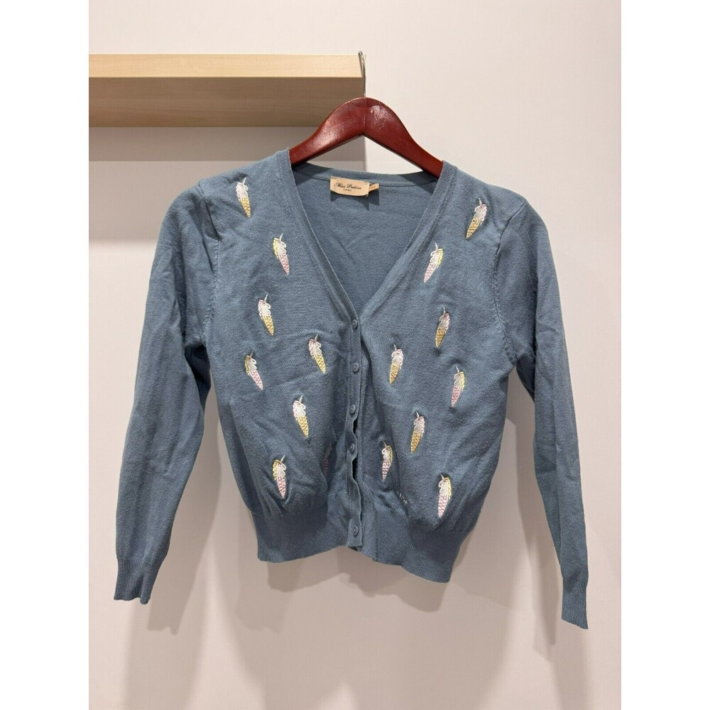 Miss Patina London Womens OS Blue Embroidered Unicorn Knit Cardigan Sweater